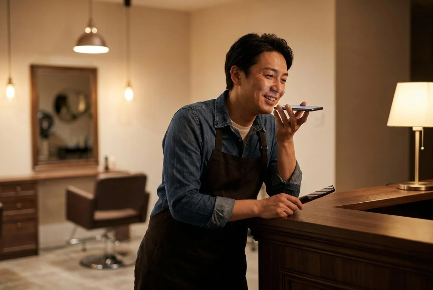 A hair professional records a voice note at the studio counter after an appointment.