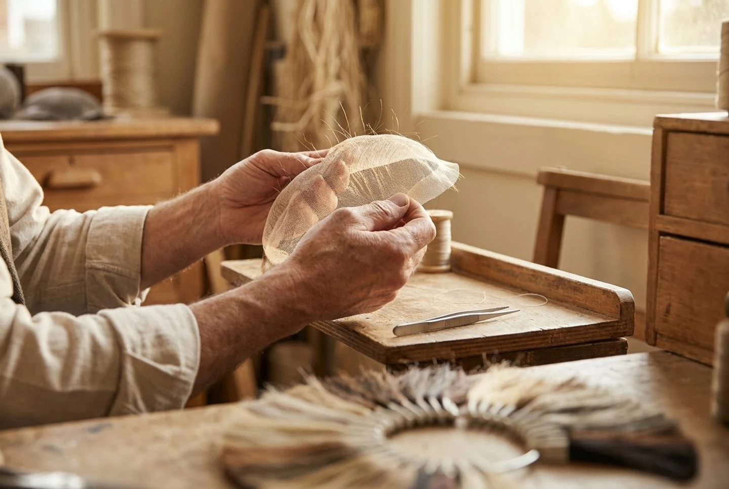 Close-up of hands inspecting the lace construction of a hair replacement system.