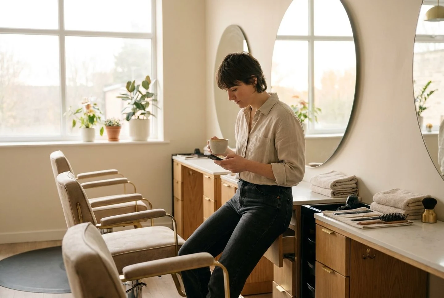 A studio owner reviews a phone in the salon before the day begins.
