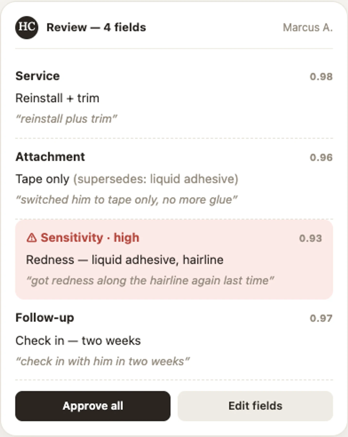 Existing product-site demonstration for fictional Marcus A.: reinstall and trim, tape-only attachment, an adhesive sensitivity, and a follow-up in two weeks, each shown with its source quote.