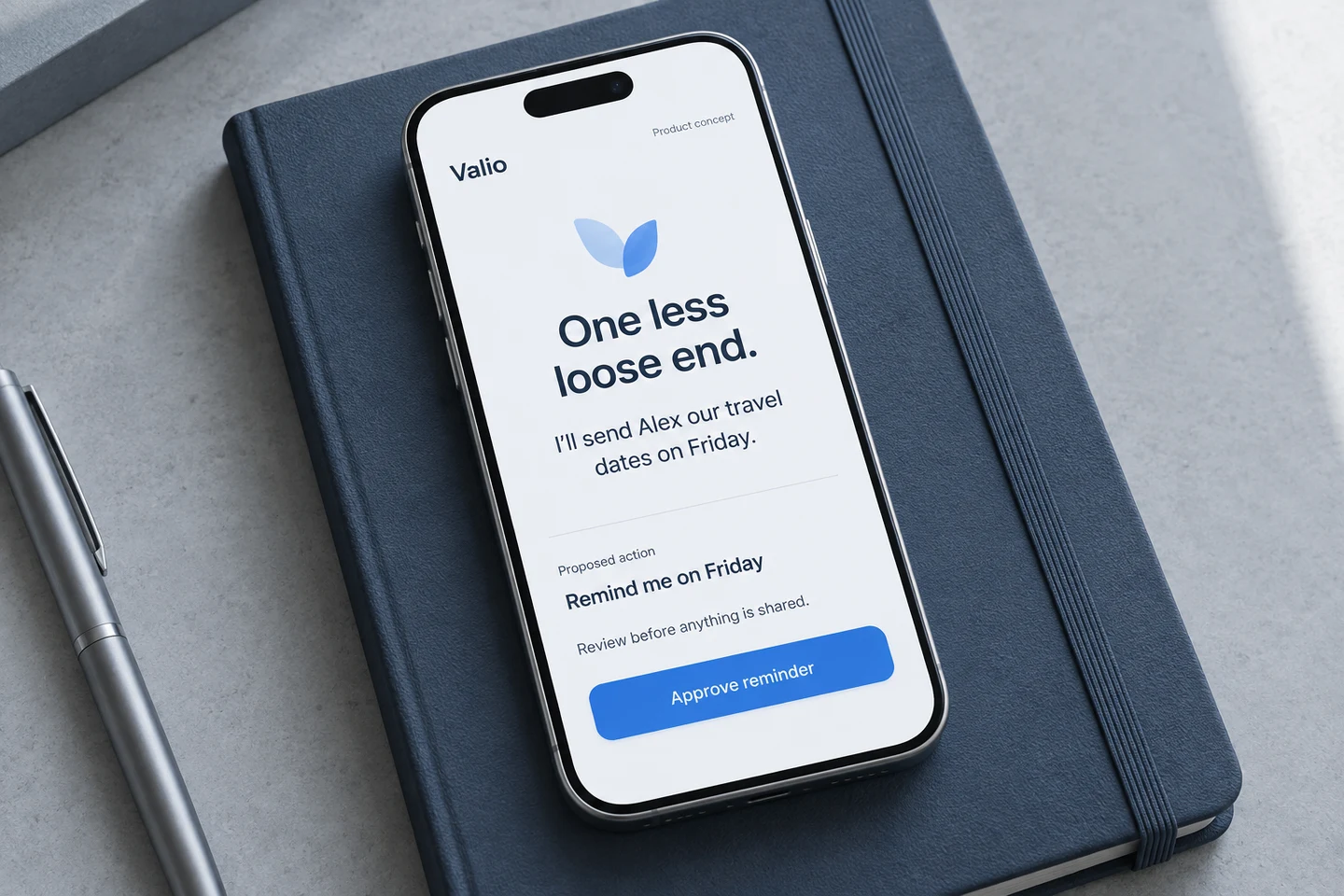Product concept: Valio proposes a Friday reminder for a personal commitment, awaiting approval.