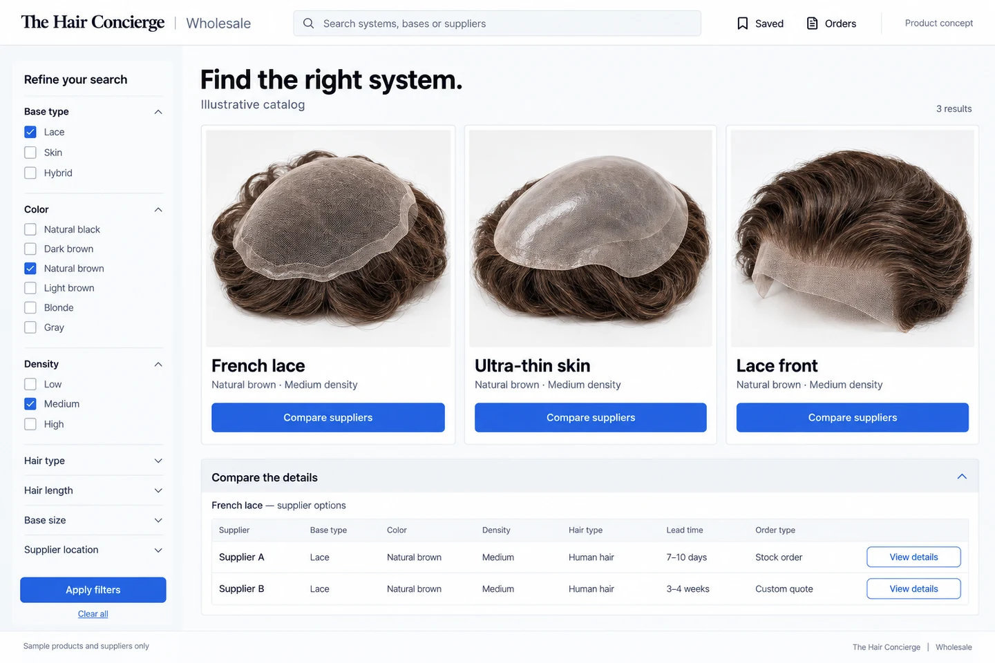 Visual catalog concept with hair system photographs, base and density filters, and sample supplier comparisons.