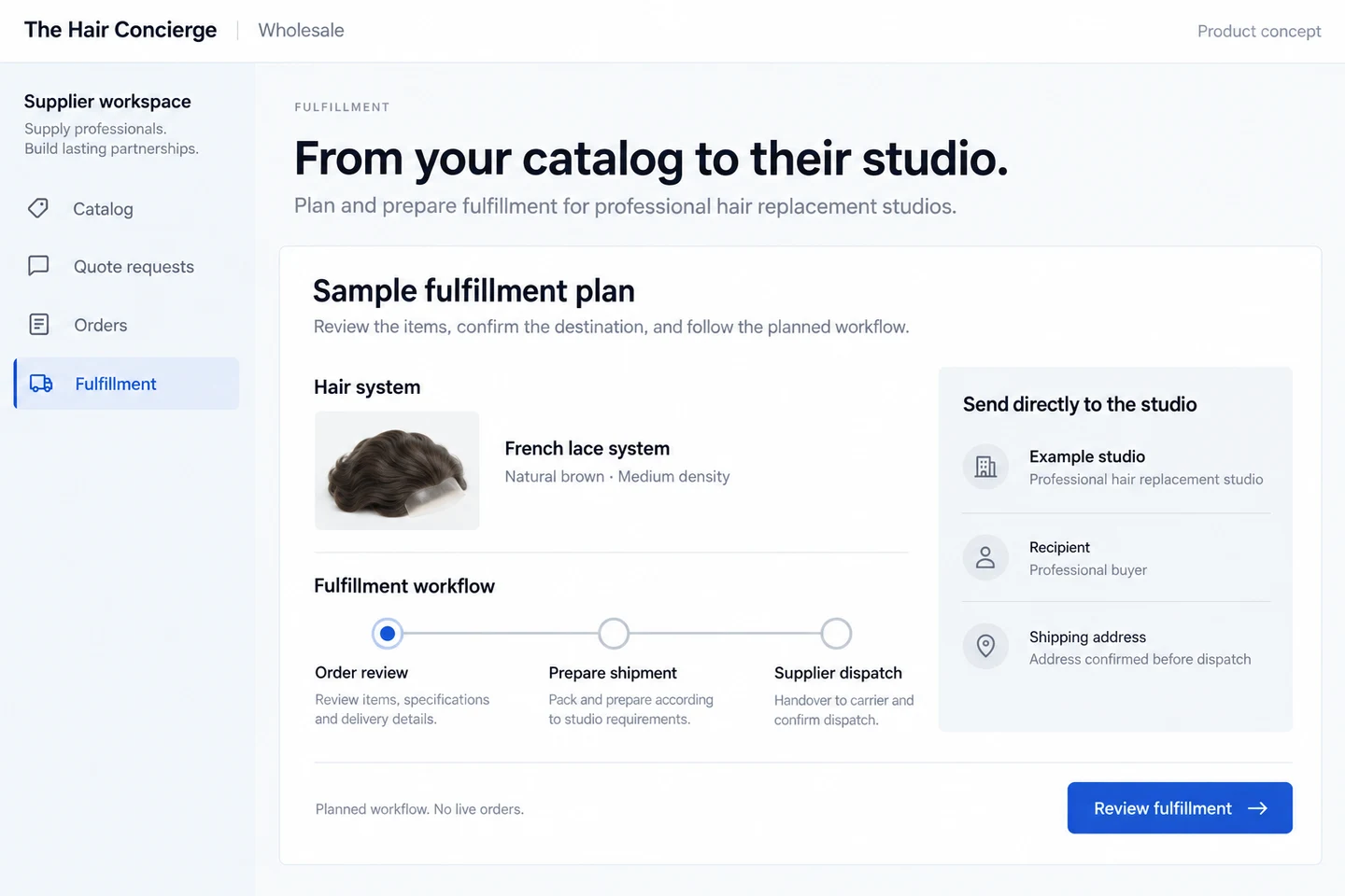 Supplier workspace concept with an illustrative hair system order and planned review, preparation, and direct-dispatch steps.